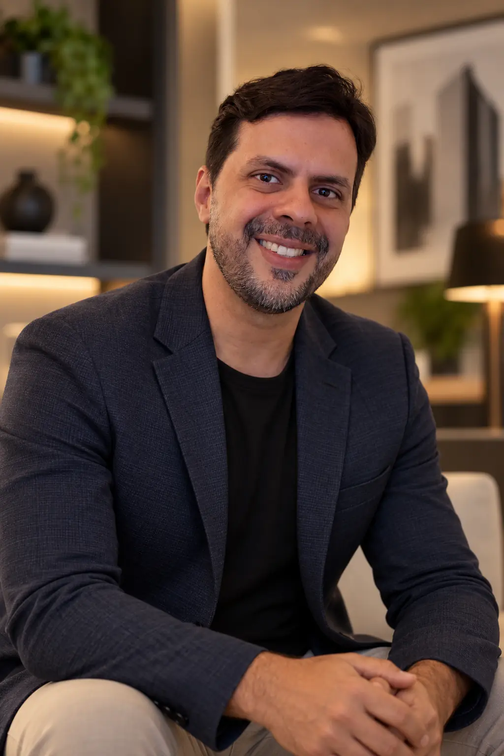 Danilo Delgado, sorrindo, em um ambiente residencial